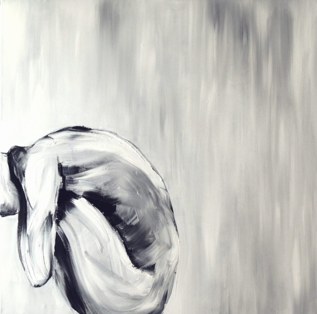 Gran toile contemporaine de corps, représentant un corps d'homme nu, écorché, sous la pluie, tons gris et blanc. Figuration contemporaine