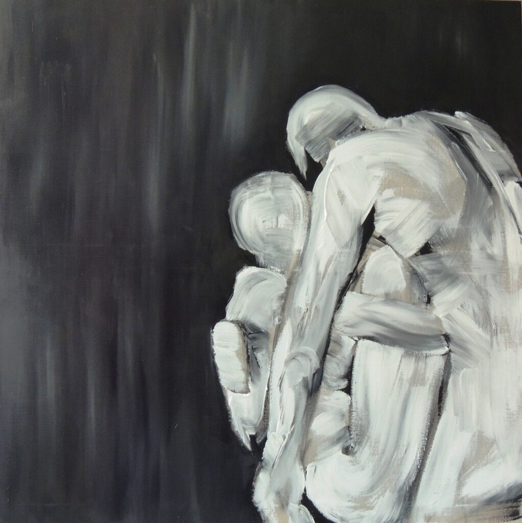 Peinture acrylique d'un couple en noir et blanc, sur un fond noir uni