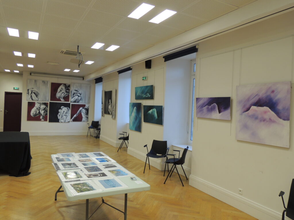 Photo de l'exposition d'hiver la chapelle, le cheylard, au coeur des boutieres. Peintures acryliques de corps, paysages, celine leynaud, artiste peintre contemporaine