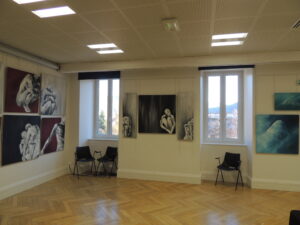 Photo de l'exposition d'hiver la chapelle, le cheylard, au coeur des boutieres. Peintures acryliques de corps, paysages, celine leynaud, artiste peintre contemporaine