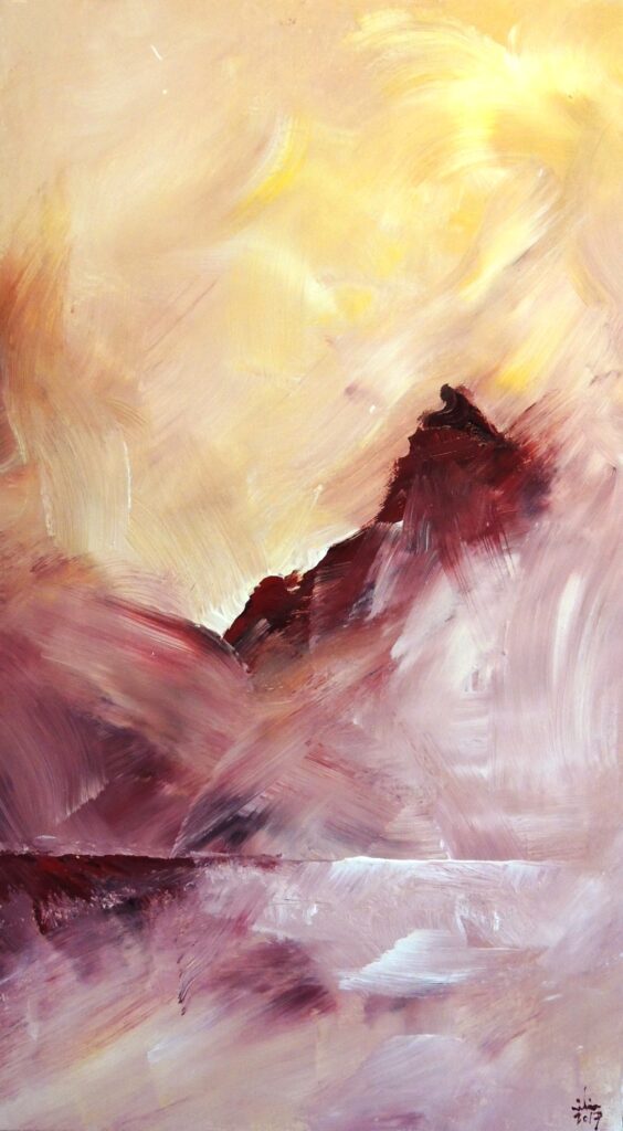 Peinture de fjord en acrylique, ton sur ton, petits formats, entre figuration et abstraction Tons de rouge et jaune artiste peintre contemporaine celine leynaud