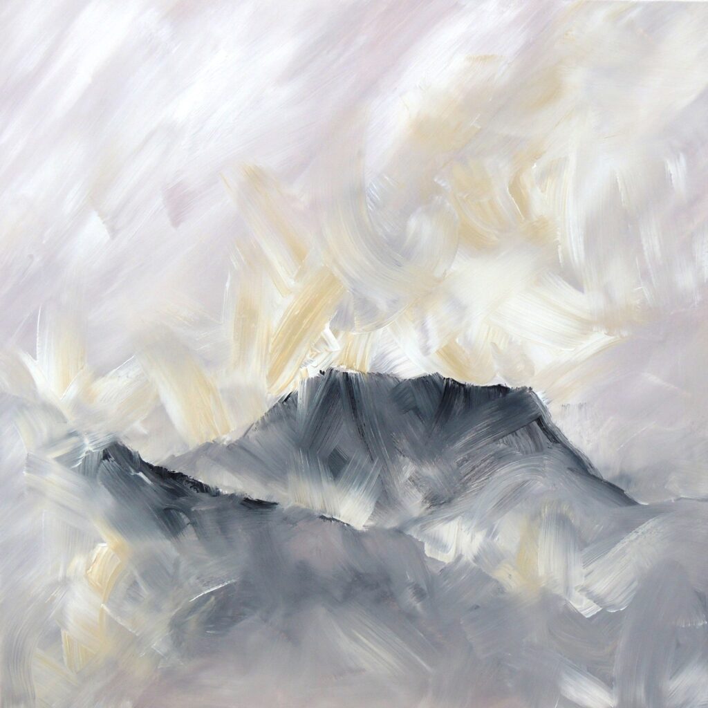Peinture de montagnes ardéchoises, le mont mézenc, en grands formats, entre figuration et abstraction Tons de rouge et jaune artiste peintre contemporaine celine leynaud