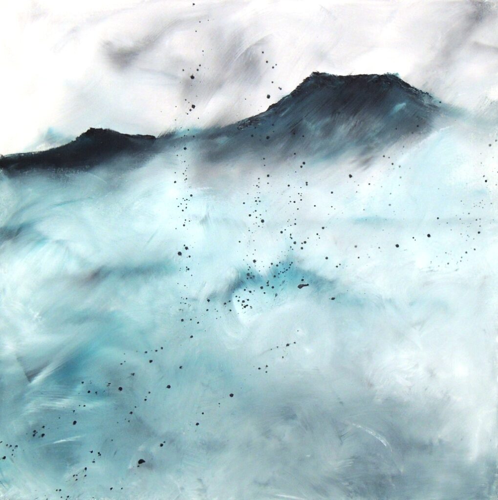 einture de montagnes ardéchoises, le mont mézenc, en grands formats, entre figuration et abstraction Tons de rouge et jaune artiste peintre contemporaine celine leynaud