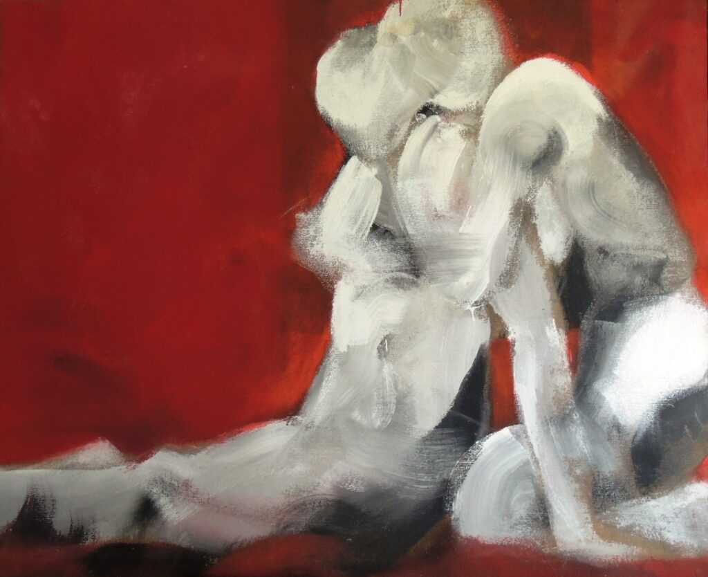 Toile contemporiane de peinture d'un couple assis noir et blanc sur fond rouge