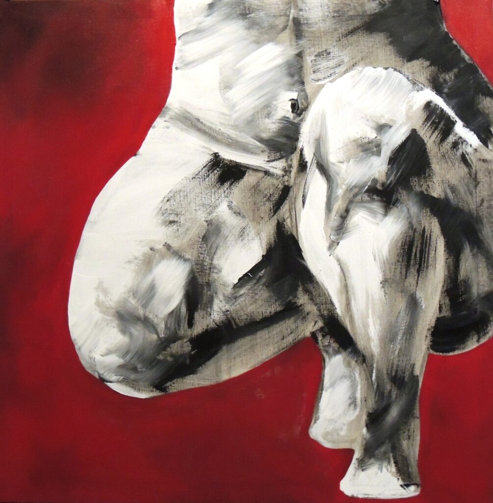 Peinture acrylique d'un corps nu accroupi, en noir et blanc, sur un fond rouge uni
