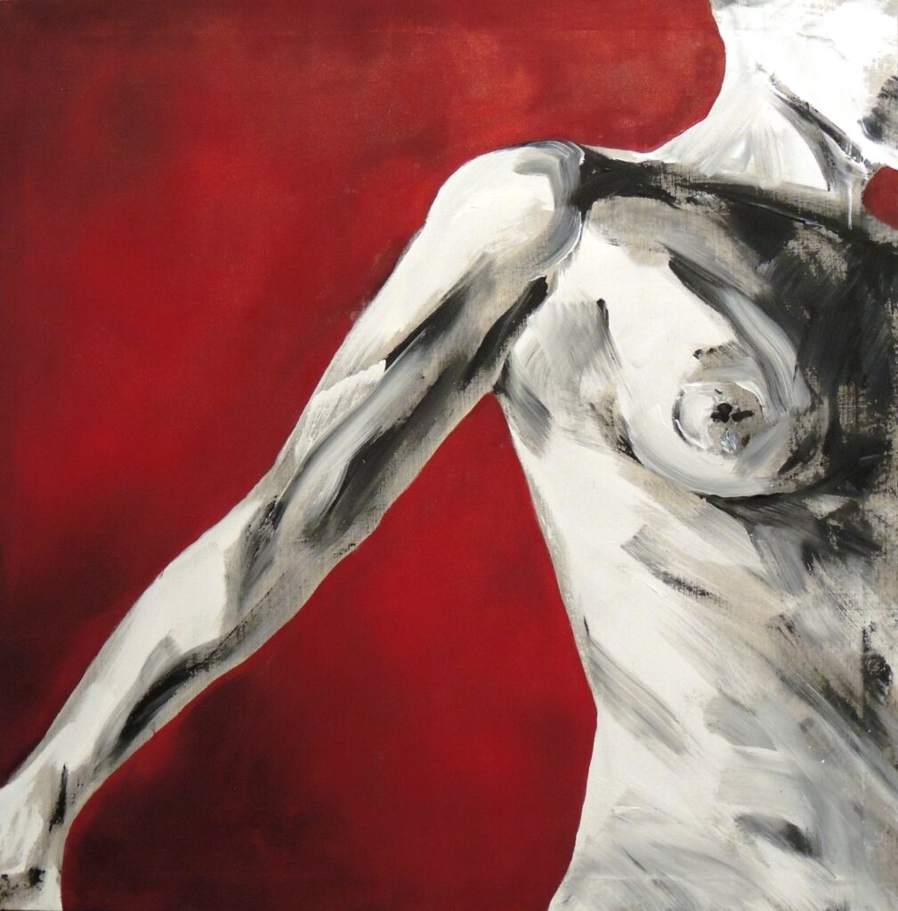 Peinture acrylique d'un corps nu sein nu, en noir et blanc, sur un fond rouge uni