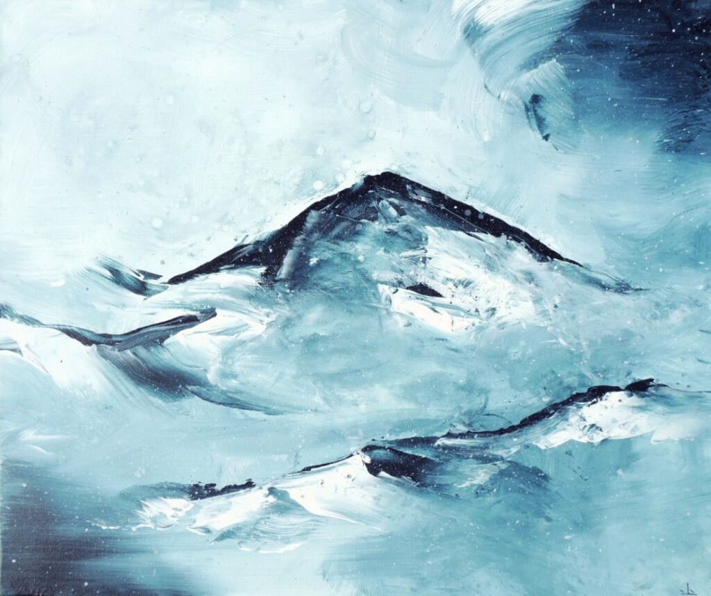Peinture acrylique représentant des montagnes sous le vent et la neige. couleurs bleues foncées et blanc, tachetée de neige
