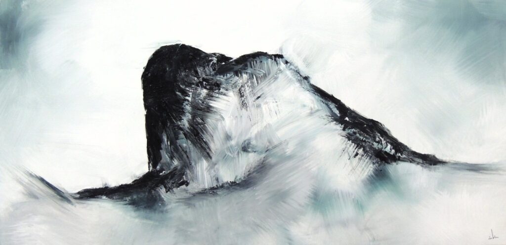 Toile grand format d'une représentation du rocher de soutron, en blanc et bleu, par l'artiste peintre contemporaine celine leynaud Peinture représentant les paysages ardéchois