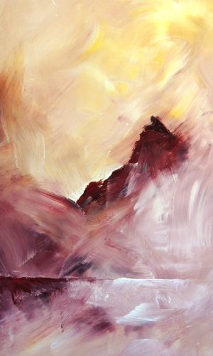 Peinture de fjord en acrylique, ton sur ton, petits formats, entre figuration et abstraction Tons de rouge et jaune artiste peintre contemporaine celine leynaud