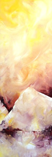 Peinture de fjord en acrylique, ton sur ton, petits formats, entre figuration et abstraction Tons de rouge et jaune artiste peintre contemporaine celine leynaud