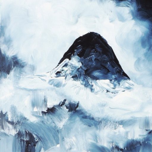 Grand toile de peinture acrylique représentant le mont Gerbier de jonc sous la burle, la neige, les brumes, dans des tons gris bleutés. Le ciel se mêle au sol, peinture contemporaine de paysage. Peinture des montagnes ardéchoises.